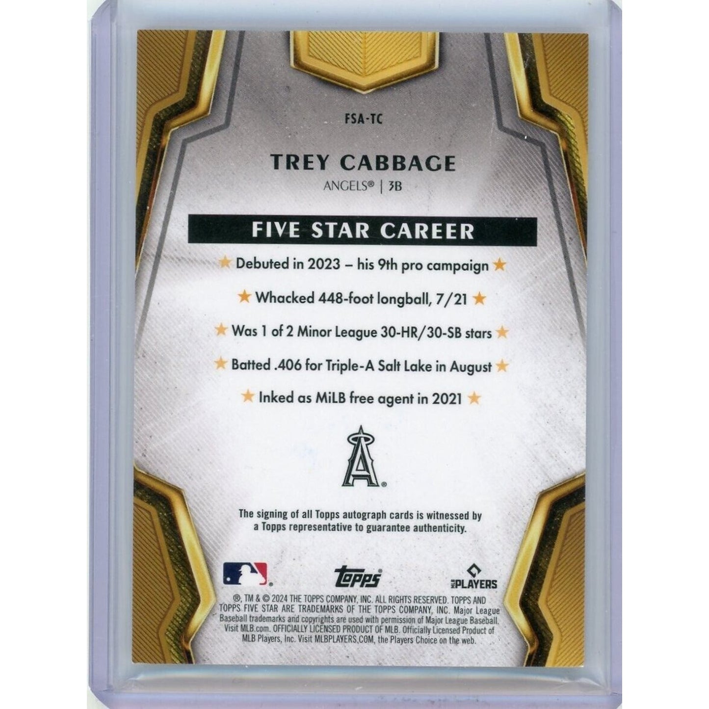 TREY CABBAGE 2024 Topps Five Star RC Auto Rookie Autograph ANGELS #FSA-TC