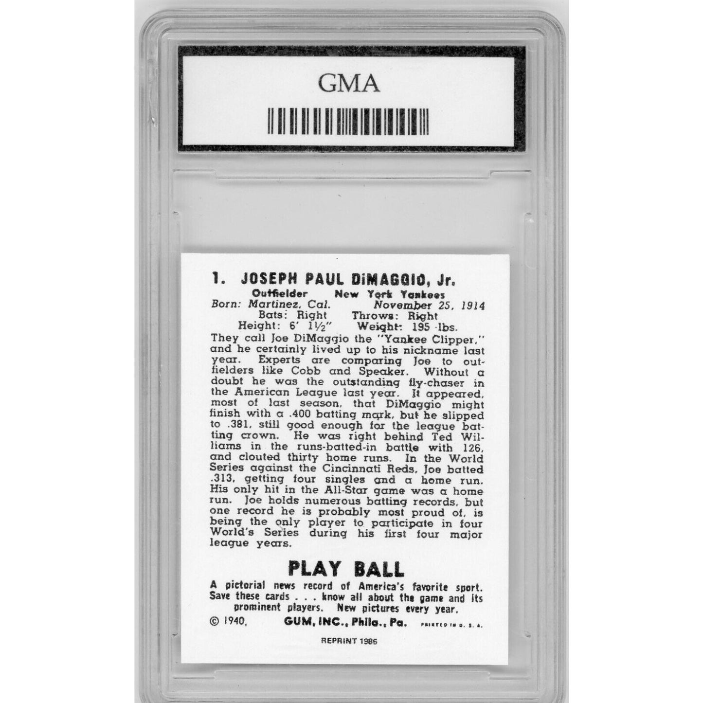 1940 Playball Reprint # 1 Joe Di Maggio -- New York Yankees GMA 10