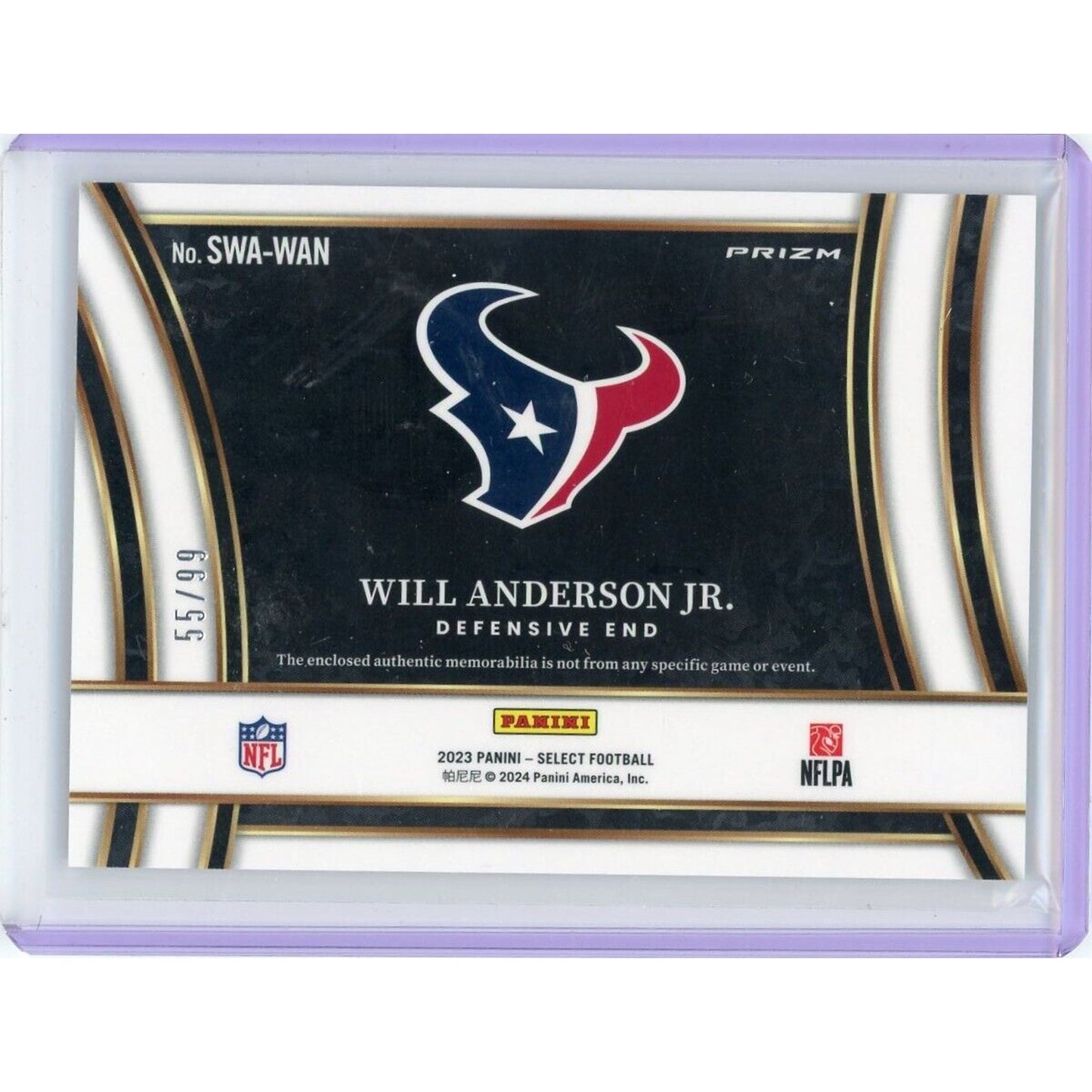 2023 PANINI SELECT WILL ANDERSON JR. SILVER RC JUMBO PATCH /99 TEXANS MB