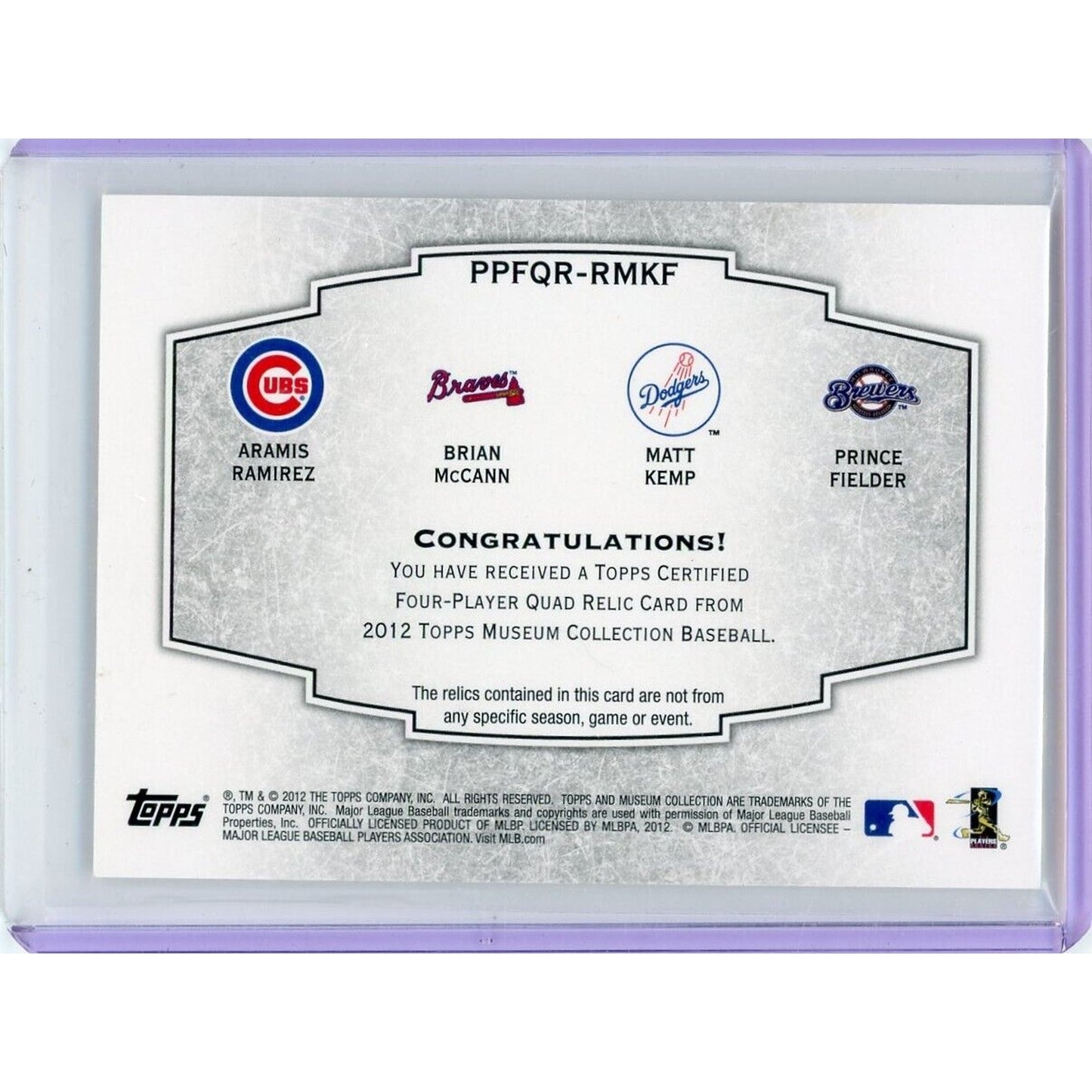 2012 TOPPS MUSEUM COLLECTION QUAD PATCH /75 MATT KEMP FIELDER MCCANN RAMIREZ