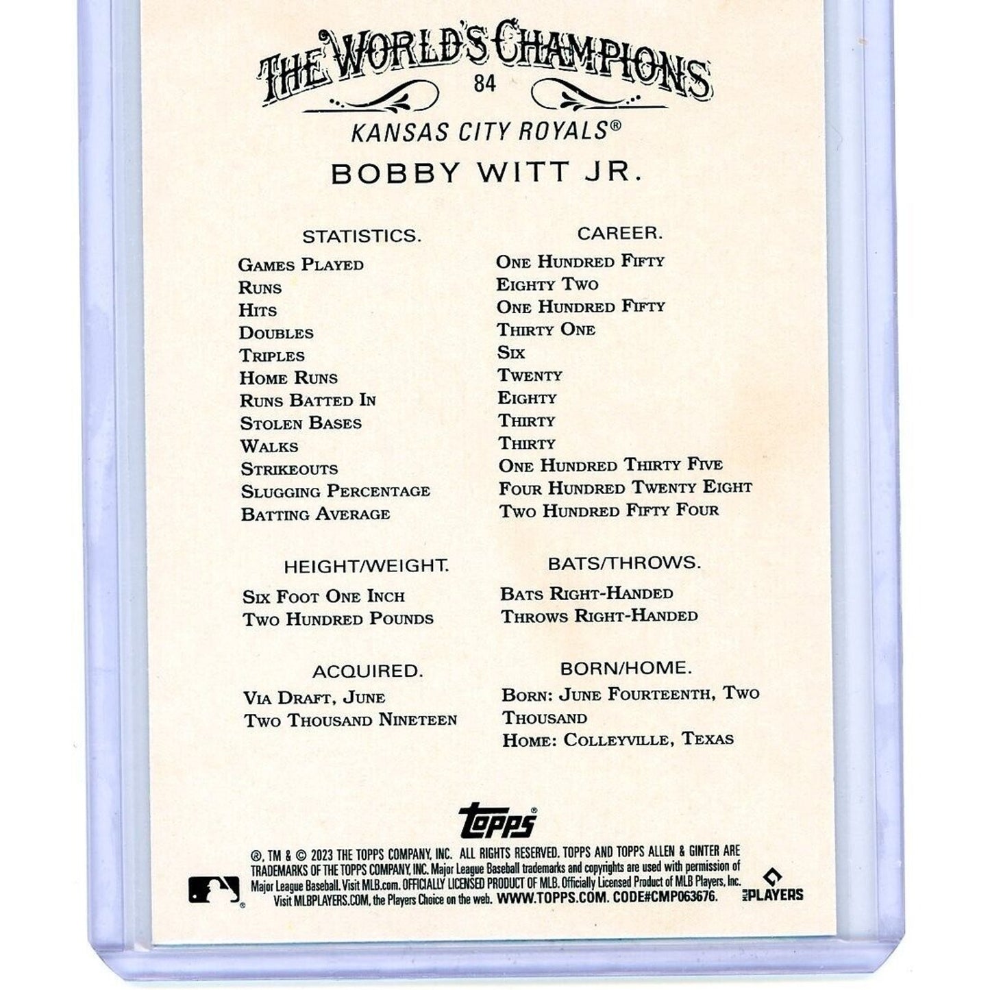 2023 Topps Allen & Ginter Bobby Witt Jr #84 Silver Foil Potrait Royals