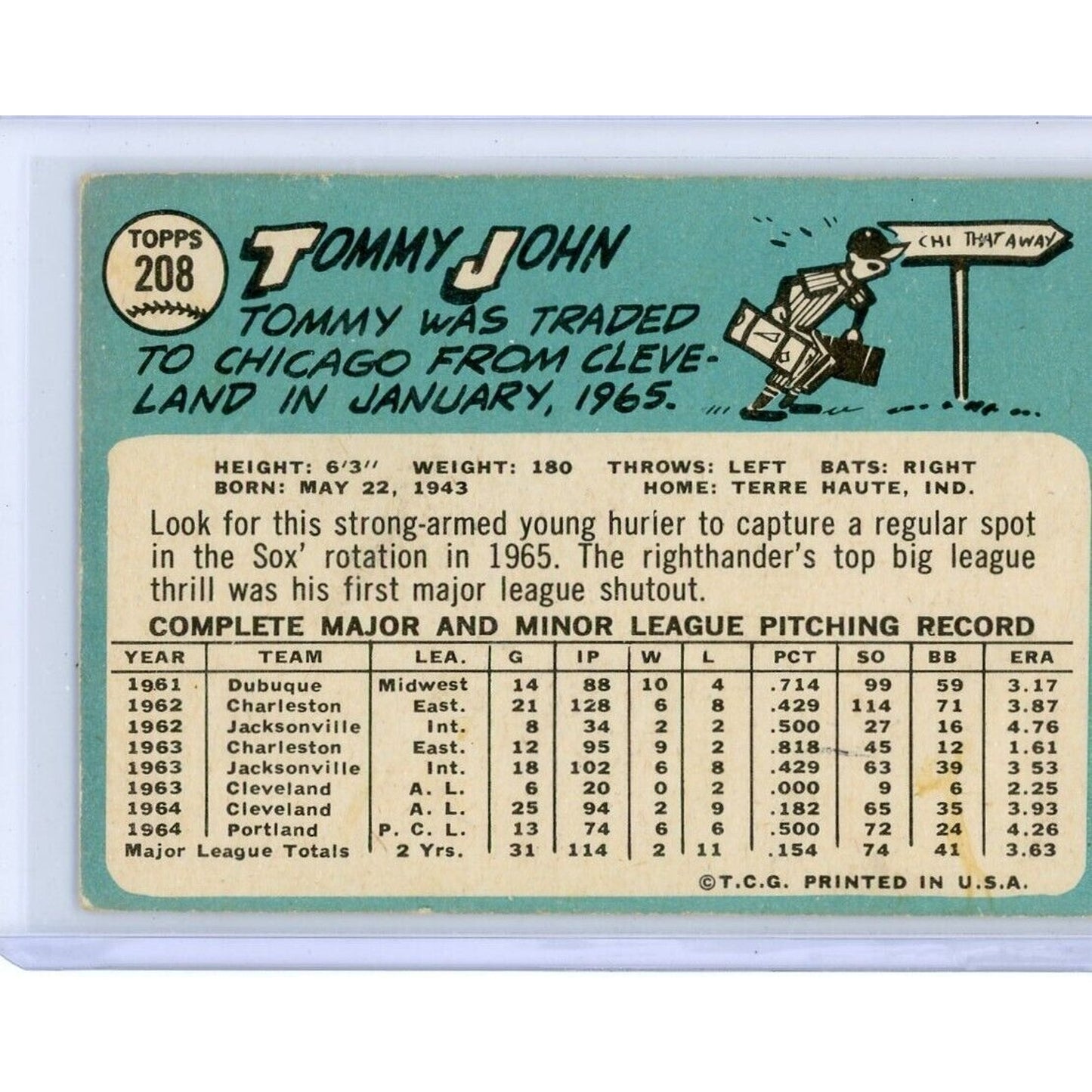 1965 Topps Tommy John #208 Vintage GD/VG Good to Very Good White Sox