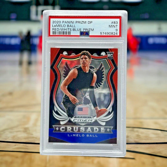 2020 Prizm Draft Picks Crusade Red White & Blue Lamelo Ball PSA 9 MINT Rookie RC