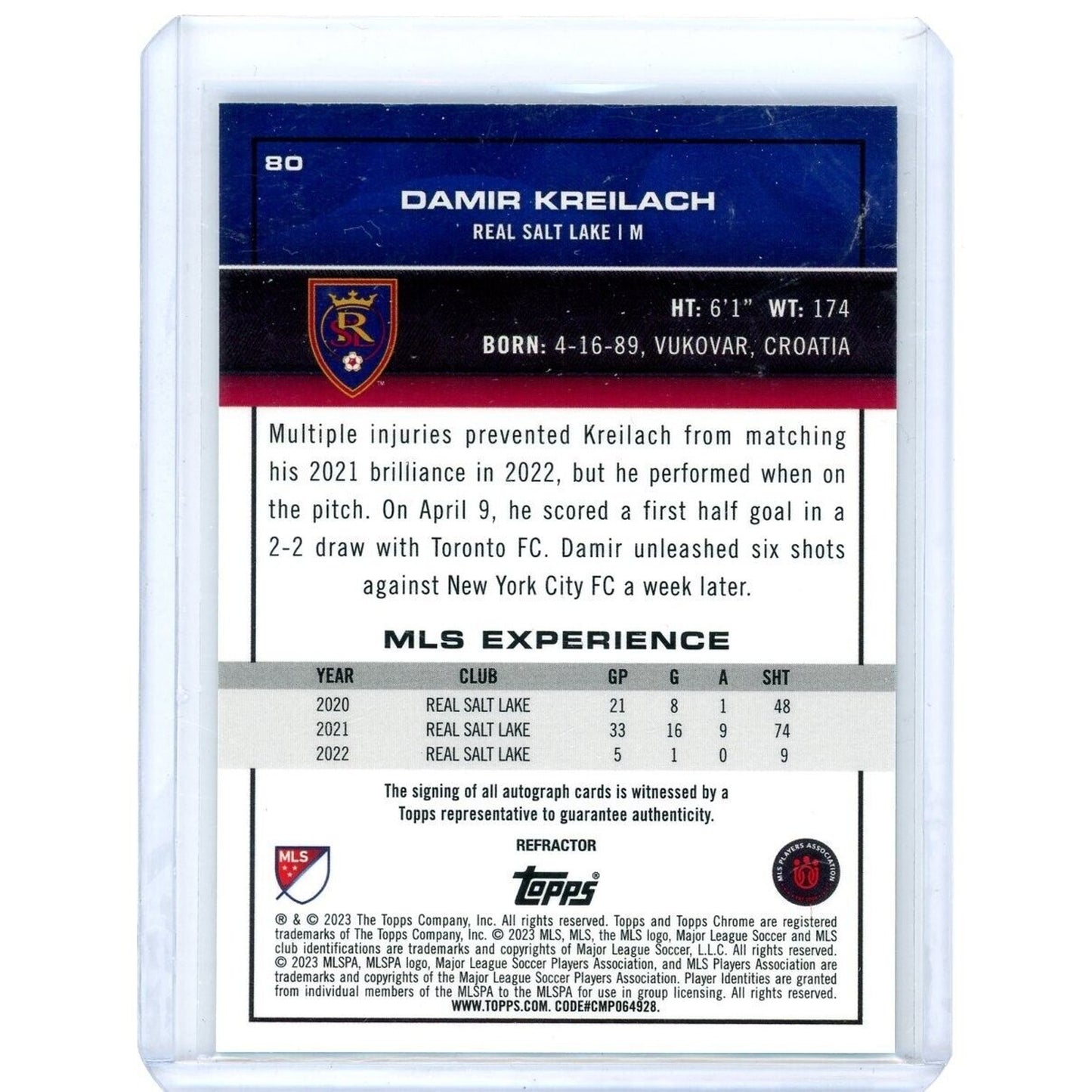 2023 TOPPS CHROME DAMIR KREILACH REFRACTOR AUTO REAL SALT LAKE