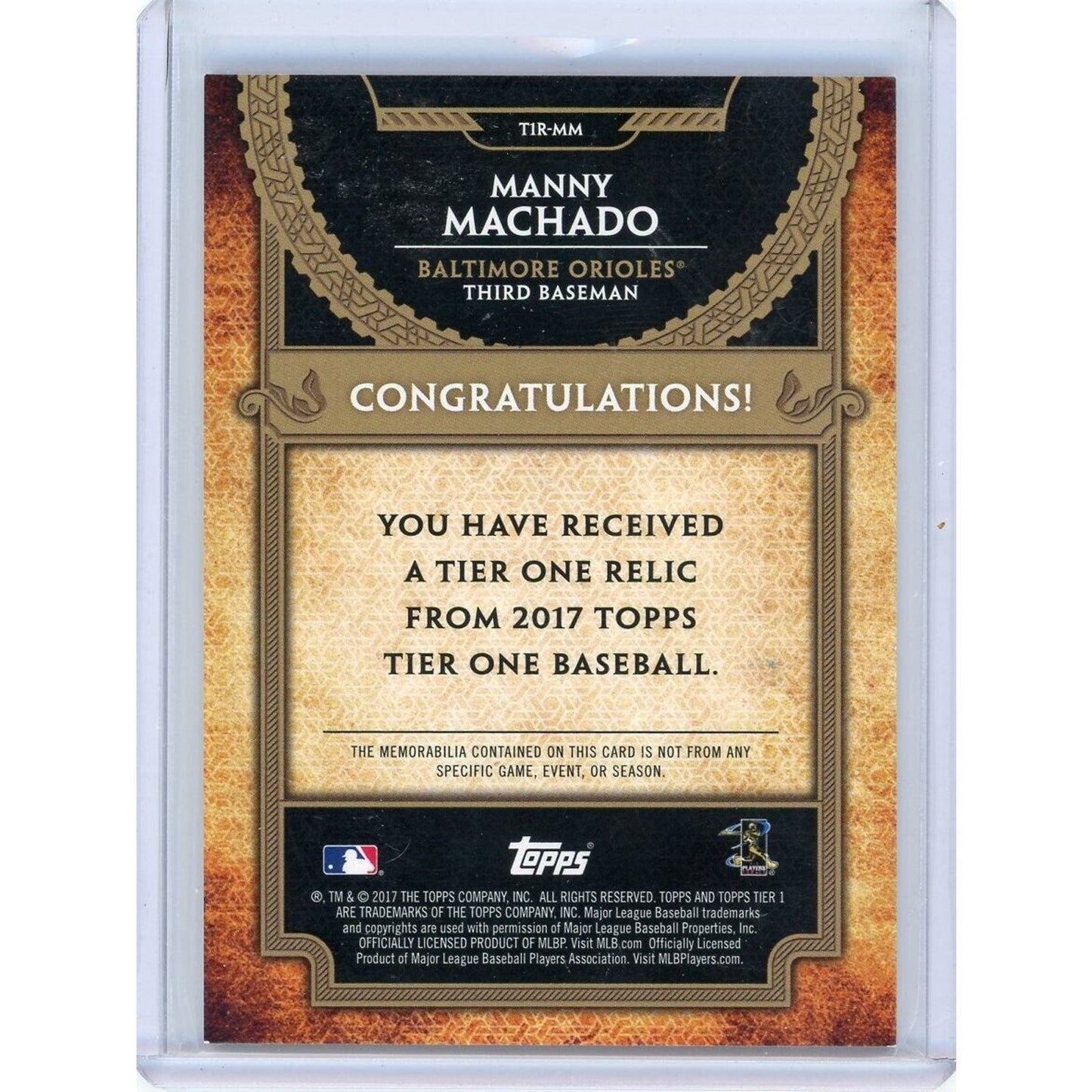 2017 TOPPS TIER ONE MANNY MACHADO GAME USED PATCH /331 BALTIMORE ORIOLES