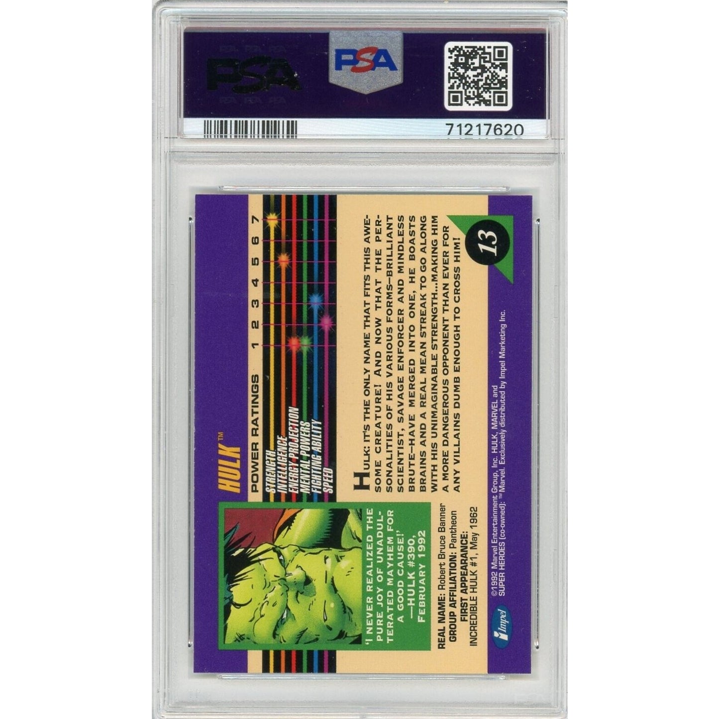 1992 Impel Marvel Universe Series III Super Heroes Hulk #13 PSA 9 MINT