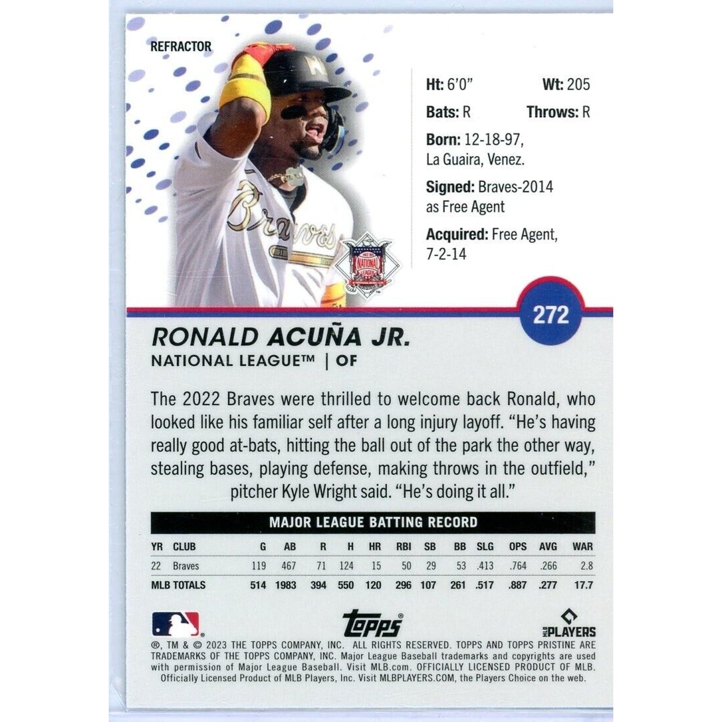 2023 Topps Pristine Baseball #272 Ronald Acuna Jr Refractor Braves