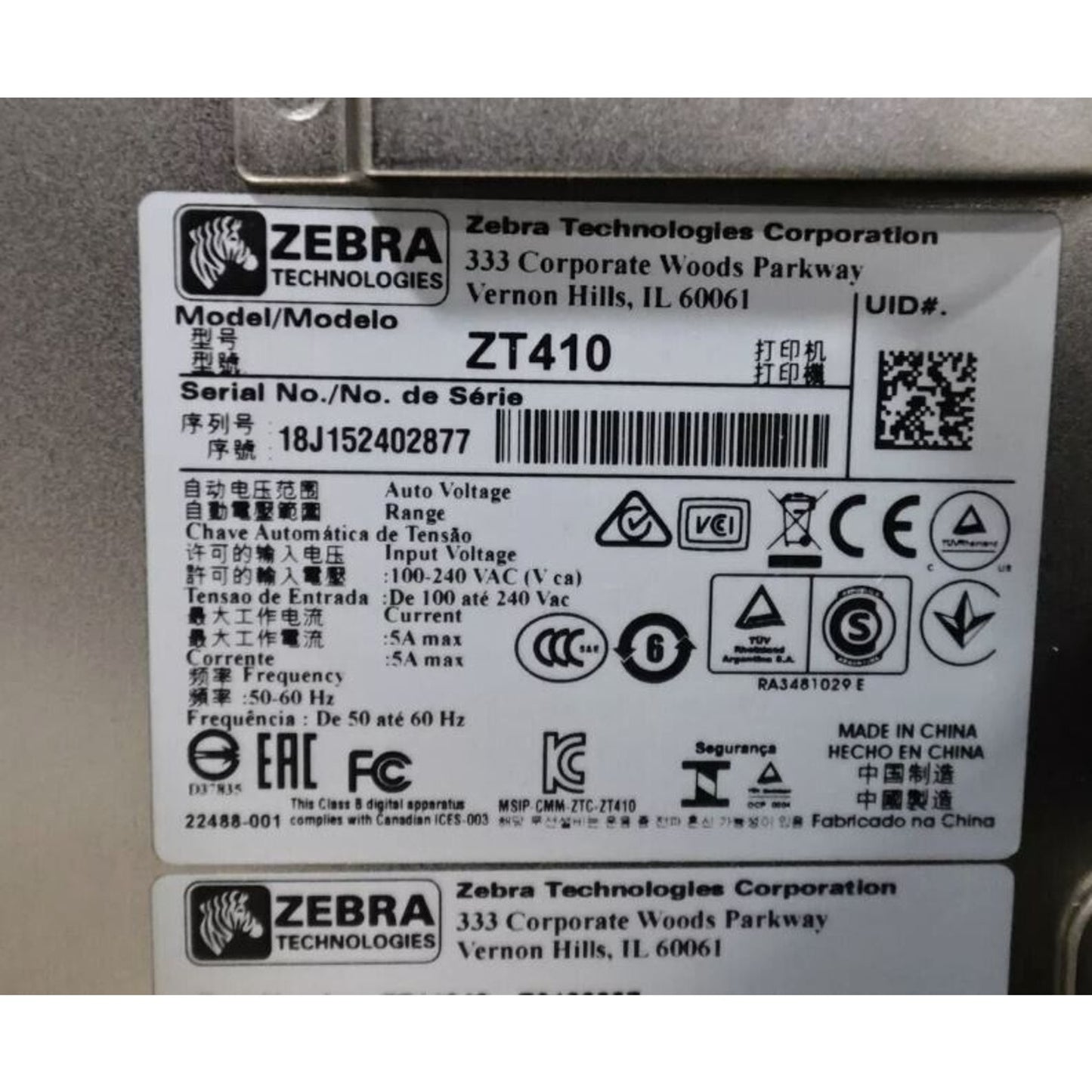 ZEBRA ZT410 THERMAL TRANSFER LABEL PRINTER | ZT41042-T010000Z | NO POWER CABLE