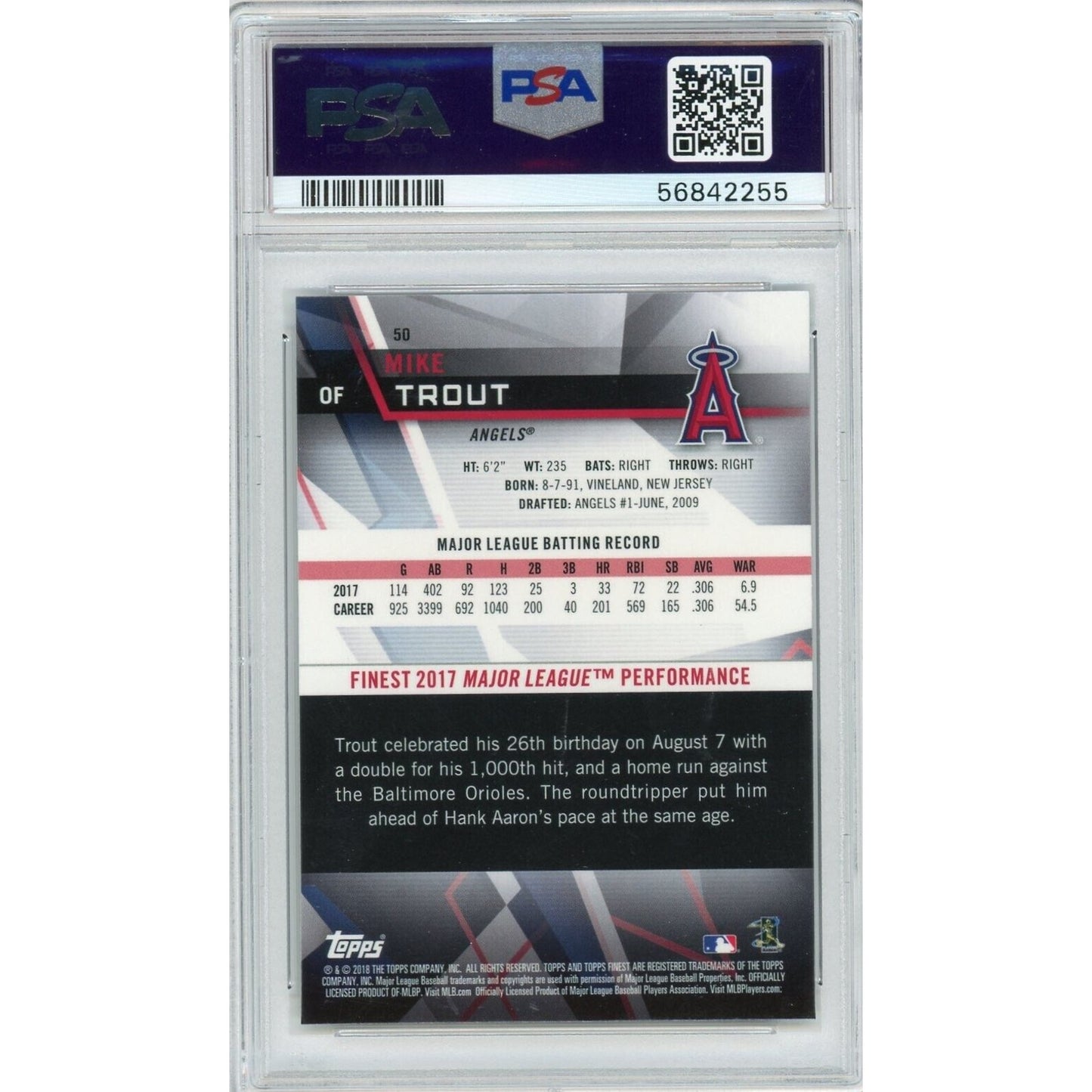 2018 Topps Finest Refractor Mike Trout #50 PSA 9 MINT