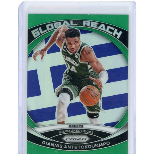 2023-24 Panini Prizm Giannis Antetokounmpo Global Reach Green Prizm Holo Bucks