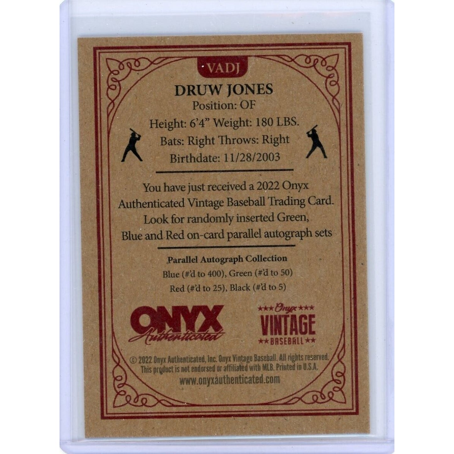 2022 ONYX AUTHENTICATED DRUW JONES BLUE AUTO /400 ARIZONA DIAMONDBACKS