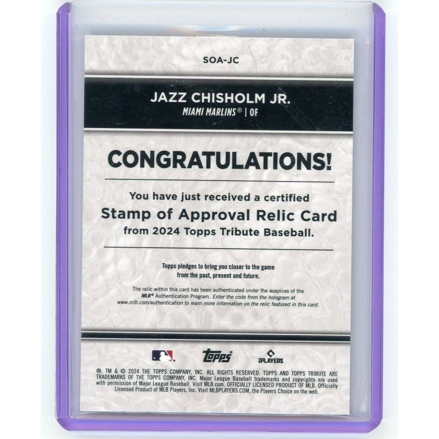 2024 TOPPS TRIBUTE JAZZ CHISHOLM JR. GAME USED PATCH /199 MIAMI MARLINS